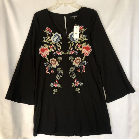 NWT Sugar + Lips Black Sheath Boho Dress, Long-Sleeve Floral Embroidery Size XS - Picture 1 of 9
